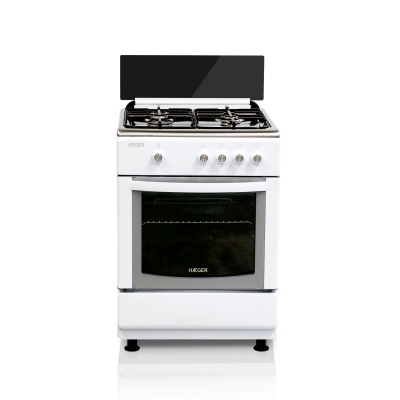 Fogão branco HAEGER com 4 bocas a gás e forno de vidro preto