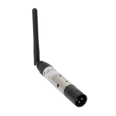 Microfone preto e prata com conector XLR e antena preta.