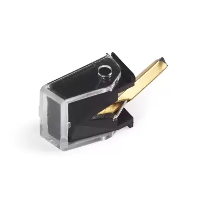 agulha preta e dourada para leitor de vinil sobre fundo branco