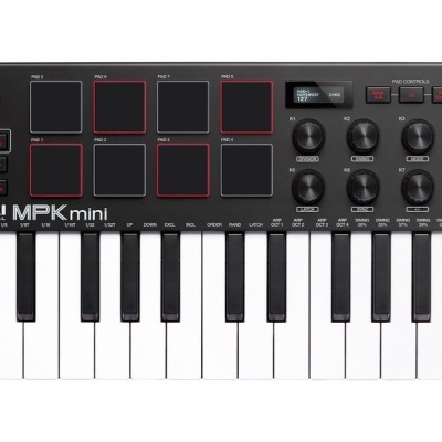 Controlador MIDI AKAI MPK mini preto e vermelho com teclas, pads e botões