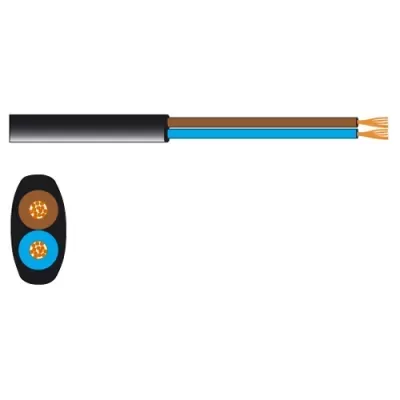 Cabo elétrico preto com dois fios internos azul e castanho e secção transversal