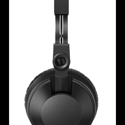 Headphone preto sobre orelha com estrutura ajustável em fundo branco
