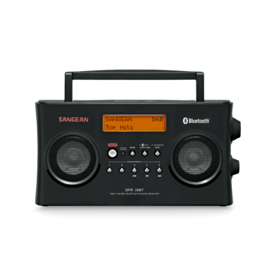 Rádio portátil preto SANGEAN com visor digital e altifalantes duplos