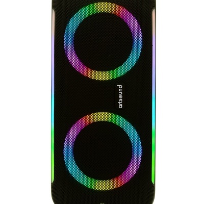 Coluna de som portátil preta com luzes LED coloridas circulares