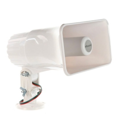 Megafone branco de plástico com base de fixação e fios expostos