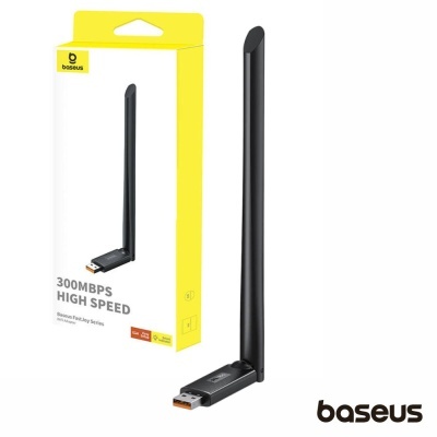 Adaptador Wi-Fi USB Baseus preto com antena e embalagem branca e amarela