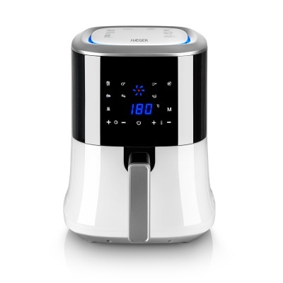 Air fryer digital branca e preta com visor azul