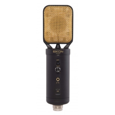 Microfone preto EIKON condensador com grelha dourada de metal em fundo branco