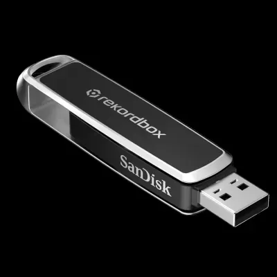 Pen USB preto e prateado SanDisk com texto 'rekordbox' e 'SanDisk'