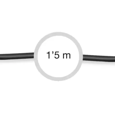 Cabo de áudio preto com conectores jack 3,5 mm e indicação de 1,5 metros