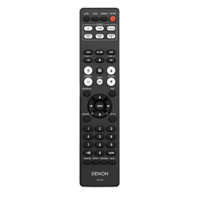 Telecomando preto DENON RC-124 com múltiplos botões brancos e pretos