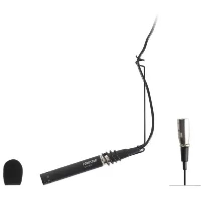 Microfone pequeno preto FONESTAR CDM-58 com suporte e cabo, protetor de espuma preto