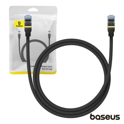 Cabo RJ45 preto trançado Baseus com embalagem branca e amarela