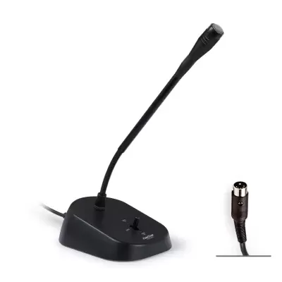 microfone de mesa preto com haste flexível e base retangular