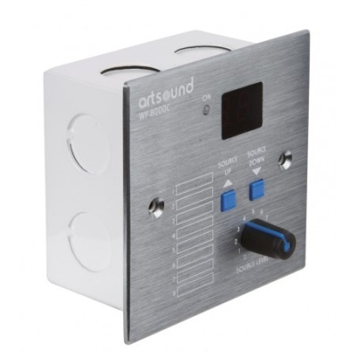 Interruptor de parede artsound WF-800DC com painel em metal prateado, botões azuis e botão rotativo preto e azul.
