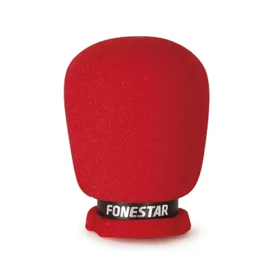 Capacete de espuma vermelho com base preta e texto FONESTAR