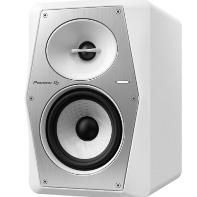 Coluna de áudio branca Pioneer DJ com painel metálico prateado e altifalantes