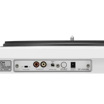 Gira-discos Denon DP-400 branco com conexões traseiras