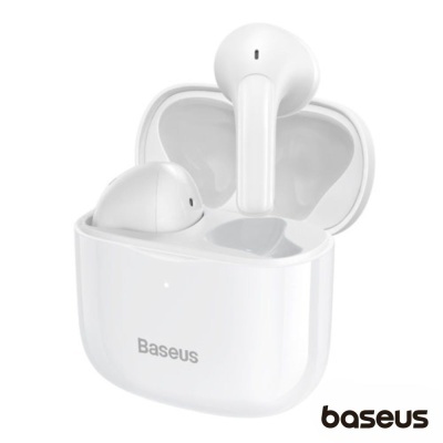 Auriculares sem fios baseus brancos em estojo de carregamento branco aberto