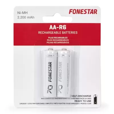 Pack dupla de pilhas recarregáveis AA-R6 Ni-MH 2200mAh FONESTAR numa embalagem de cartão e plástico
