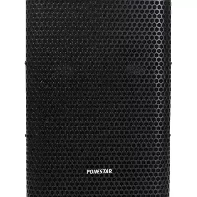 Coluna de som preta com grelha metálica e texto FONESTAR