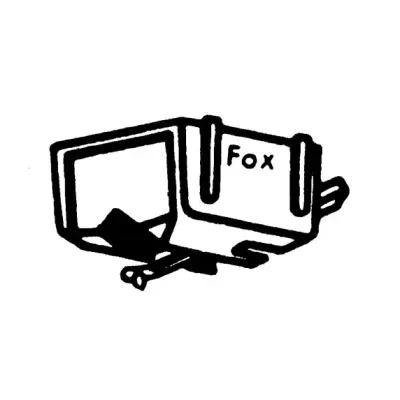 Desenho a tinta preta de uma caixa aberta com a palavra 'Fox'