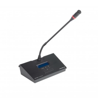 Microfone de conferência preto com base, ecrã digital e haste flexível