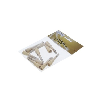 Pacote com conectores de jack de áudio beige e metal prateado, embalagem plástico com cartolina dourada EPONA