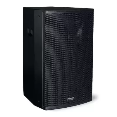 Coluna de som preta com grelha frontal hexagonal