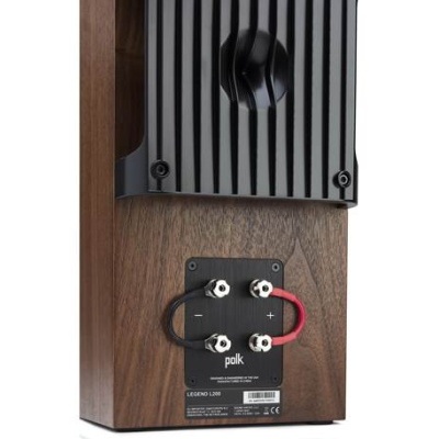 Coluna de som em madeira com painel traseiro preto e conexões elétricas