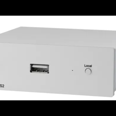 Aparelho eletrónico cinzento claro Stream Box S2 com USB e botões