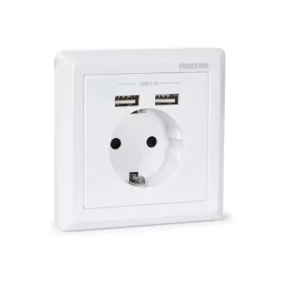 Tomada elétrica branca com duas entradas USB e tomada redonda