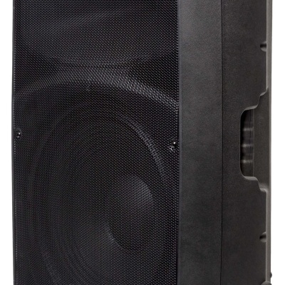 Coluna de som preta com grelha metálica e logótipo ITALIAN STAGE