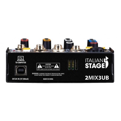 Misturador de áudio preto ITALIAN STAGE 2MIX3UB com botões coloridos e entrada USB