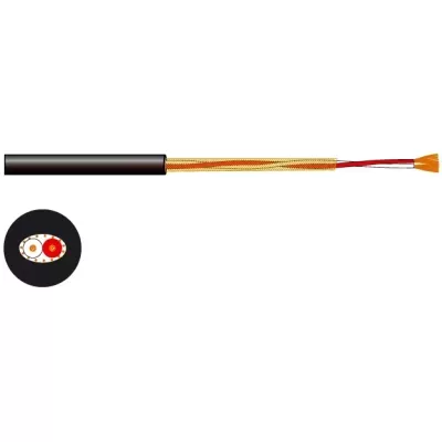 Cabo elétrico com revestimento preto, malha dourada e fios internos coloridos