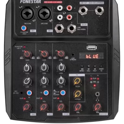 Mesa de mistura Fonestar MEL-4LIVE 4-CH mixer preta com botões e conexões