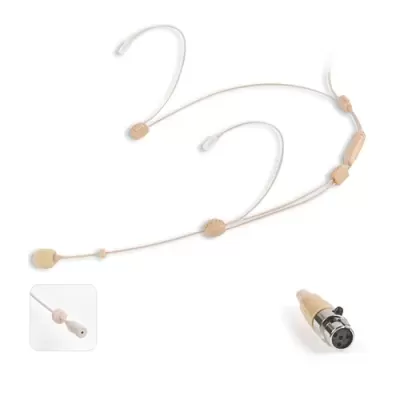 Microfone headset bege com cabo e conector de metal