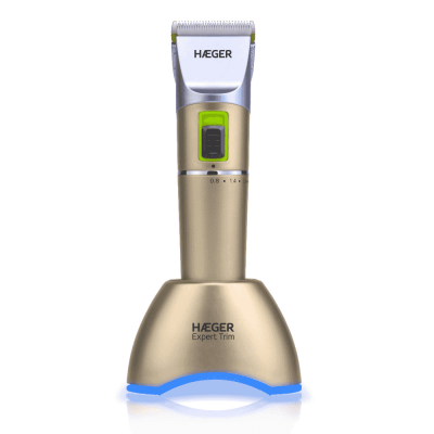 Aparelho de barbear elétrico dourado HÆGER com base iluminada azul