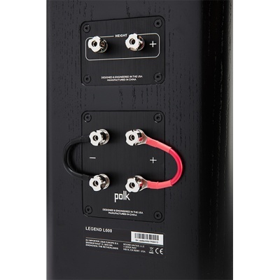 Painel traseiro de coluna acústica preta com conectores e etiquetas