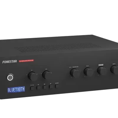 Amplificador Fonestar FMX-420USB preto com botões e visor azul de Bluetooth