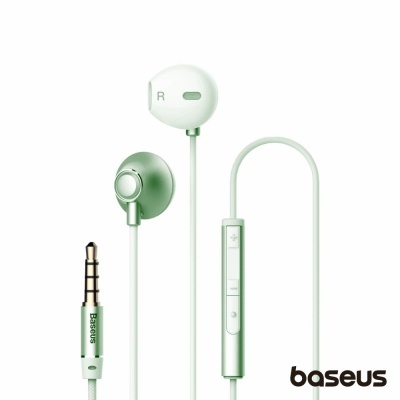 Fones de ouvido Baseus verdes e brancos com cabo e controlo remoto