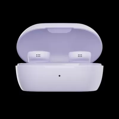 Auriculares brancos sem fios na caixa de carregamento aberta, fundo preto