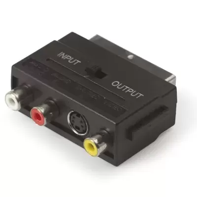 Conversor AV preto para Scart com conectores RCA branco, vermelho e amarelo