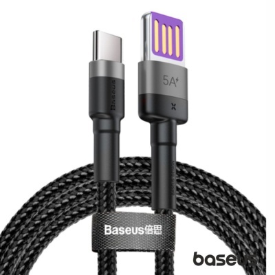 Cabo Baseus USB-C trançado preto e cinzento com presilha marcada Baseus