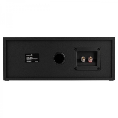 Coluna de som preta vista de trás com conetores e etiqueta técnica