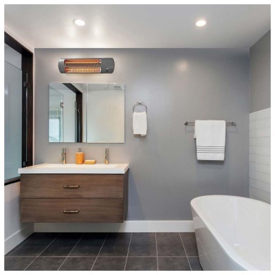 Casa de banho moderna com lavatório duplo e banheira branca