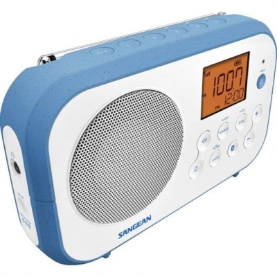 rádio portátil SANGEAN azul e branco com ecrã digital laranja