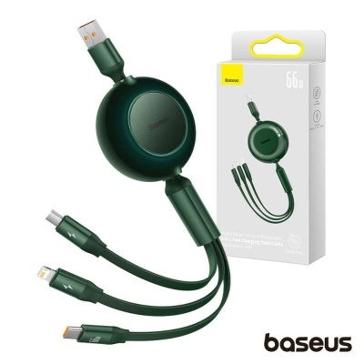 Cabo de carregamento Baseus verde escuro com três conectores e embalagem