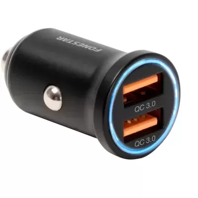 Carregador automóvel preto com duas portas USB laranja e anel azul