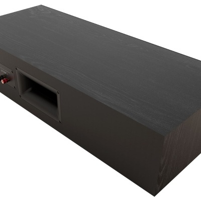 Caixa acústica preta retangular com textura de madeira